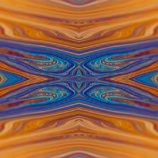 Abstract pattern with swirling orange and blue tones in mirror symmetry mode, creating a captivating vortex effect. Ideal for modern decor.