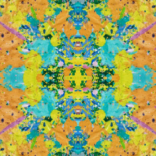 Abstract action painting wallpaper with vibrant color splatters in a mirror symmetry pattern. Designed by Peter Holmboe for wallpaper⁶.