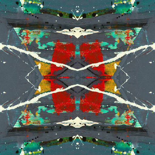 Vibrant abstract action painting with mirror symmetry, featuring bold paint splashes and energetic strokes.