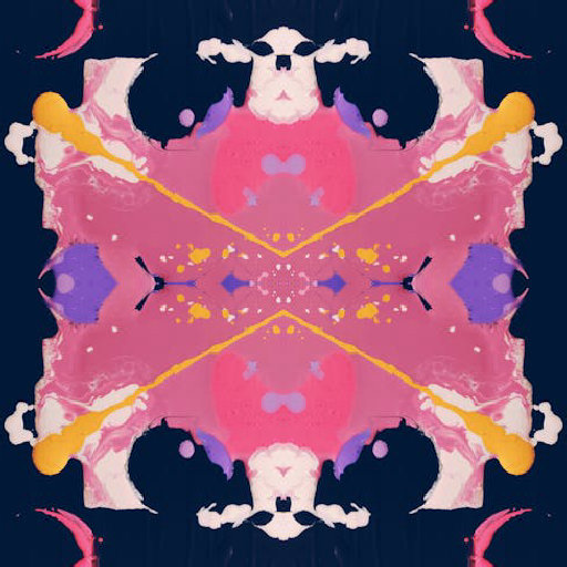 Vibrant pink, yellow, and purple paint splatters on a dark background, arranged in a mirror repeat pattern. Abstract art wallpaper.