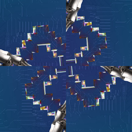 Pattern with rotational symmetry inspired by Explainable AI, featuring abstract shapes in blue, symbolizing data connection and understanding.