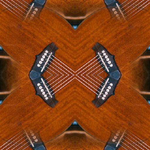 Mirror pattern of an acoustic guitar's strings and sound hole, showcasing detailed wood grain and craftsmanship in a symmetrical design.