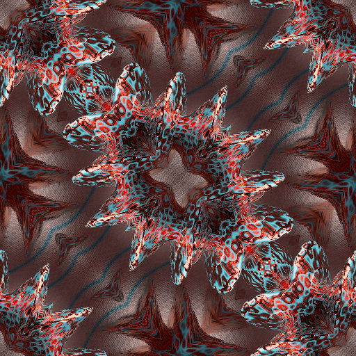 Red and blue abstract shapes with diamond symmetry on a black background, representing a genetic algorithm, a self-adhesive wallpaper pattern.