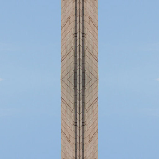 Close-up of a modernist building facade with a repeating square tile grid pattern, mirrored on itself, against a blue sky.