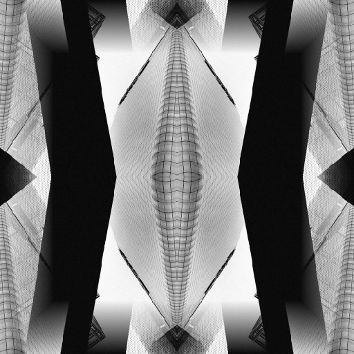 A repeating pattern of mirrored architectural frames inspired by modernist buildings in Canary Wharf, London.