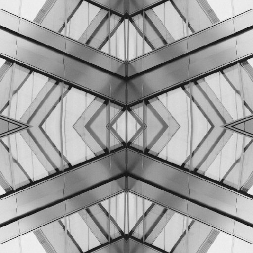 Modernist building facade with geometric glass patterns arranged in a mirror symmetry, suitable for self-adhesive wallpaper.