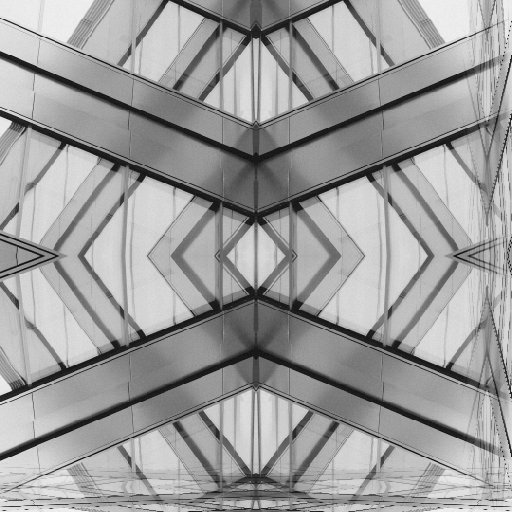 Modernist building facade with geometric glass patterns reflected symmetrically, inspired by mirror symmetry.