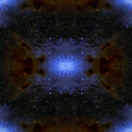 A seamless repeat pattern of a glowing stellar nursery nebula surrounded by stars, designed with mirror symmetry for wallpaper.