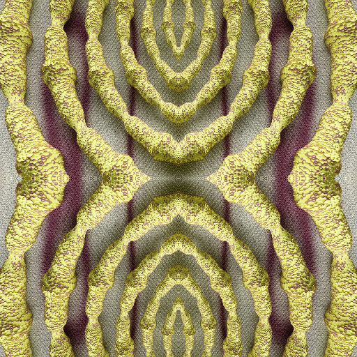 Close-up of yellow and red circular diatom cell shapes arranged in a mirror symmetry pattern on a white background.