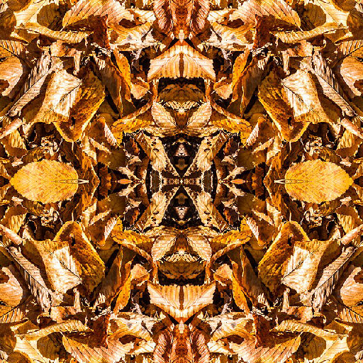Close-up of a Fagus sylvatica autumn leaf pattern with mirror symmetry, showcasing warm hues and intricate details, for wallpaper⁶.