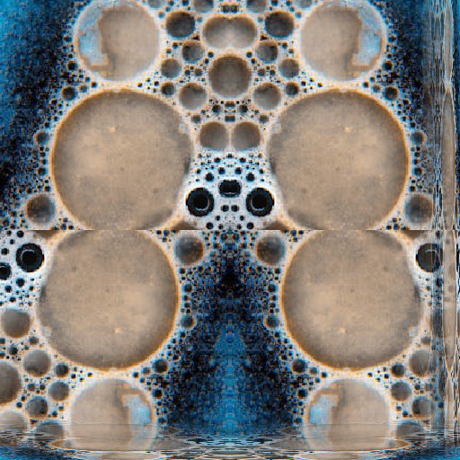Abstract brown bubbles creating a cellular pattern on a blue liquid surface, arranged in a brick symmetry for wallpaper.