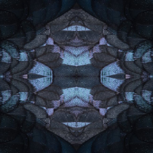 Close-up, mirror-symmetric pattern of iridescent bird feather textures, representing chemistry and thermochemistry, for wallpaper⁶.