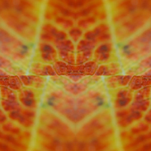 Close-up of a vibrant orange and yellow autumn leaf with intricate veins, repeated in a brick pattern for wallpaper.
