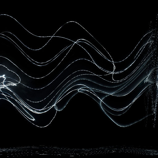 A seamless wallpaper pattern with wave symmetry, showing abstract blurry white light trails on a black background, inspired by particle physics.