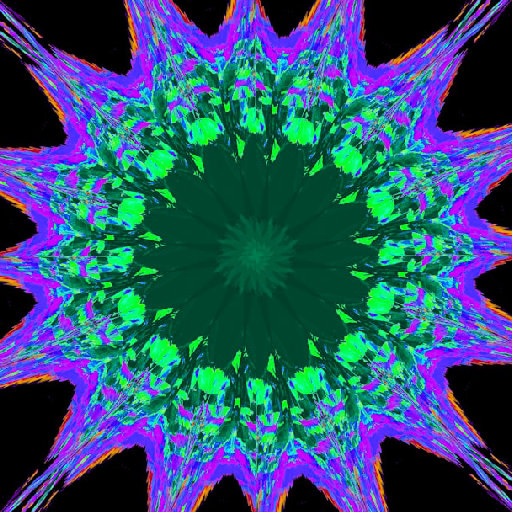 Psychedelic Symmetry fractal pattern featuring rotational symmetry, with vibrant colors repeating in a hypnotic, radiating design.