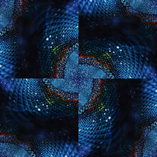 A psychedelic, swirling holographic fractal pattern with vibrant colors and cell-like reflections, suitable for rotation symmetry wallpaper.