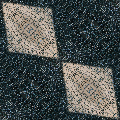 A seamless repeat pattern of abstract diamond shapes with glitchy, cracked glass textures in shades of blue and black, wallpaper⁶.