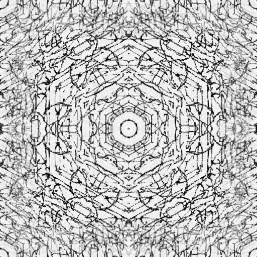 A black and white kaleidoscope pattern with glitch effects, derived from a broken screen drawing, ideal for unique interior design.