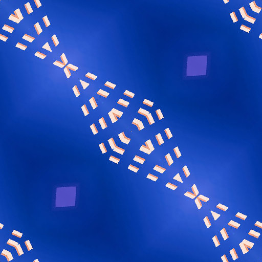 Geometric abstract pattern in blue and peach tones with diamond symmetry, inspired by cryptography. A dynamic 3D wallpaper design.