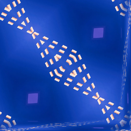 Abstract 3D geometric pattern wallpaper in blue and peach with diamond symmetry, inspired by cryptography.