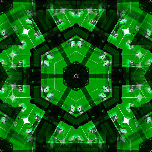 Close-up of Symmetry Burst Op-Art wallpaper, showcasing a repeating kaleidoscope pattern with sharp geometric lines and vibrant color gradients.