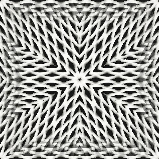 An Op-Art pattern with fractal elements arranged in a repeating kaleidoscope symmetry, creating an illusion of infinite depth and geometric complexity.