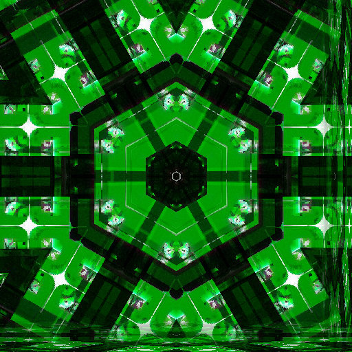 Geometric Op-Art pattern with kaleidoscope symmetry, featuring sharp, repeating shapes in black and white, creating an optical illusion.