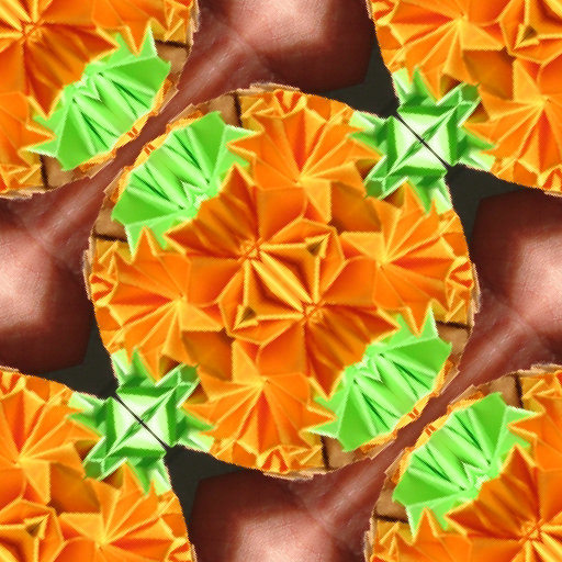 Kusudama origami pattern with diamond symmetry, showcasing geometric folds and sharp edges in a repeating tile.