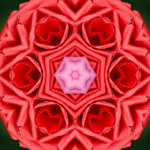 A pattern of colorful, geometric origami paper flowers arranged in a repeating kaleidoscope symmetry on wallpaper.