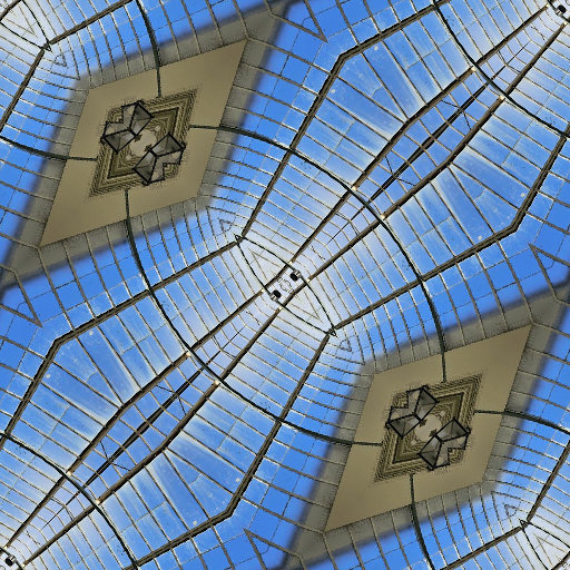 Close-up of a geometric diamond pattern in vibrant stained glass colors, evoking the look of a Tiffany lamp.