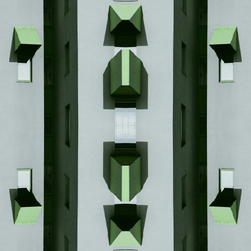 Geometric modular boxes in green and gray, arranged in a mirror symmetry pattern on a self-adhesive wallpaper. Inspired by industrial architecture.